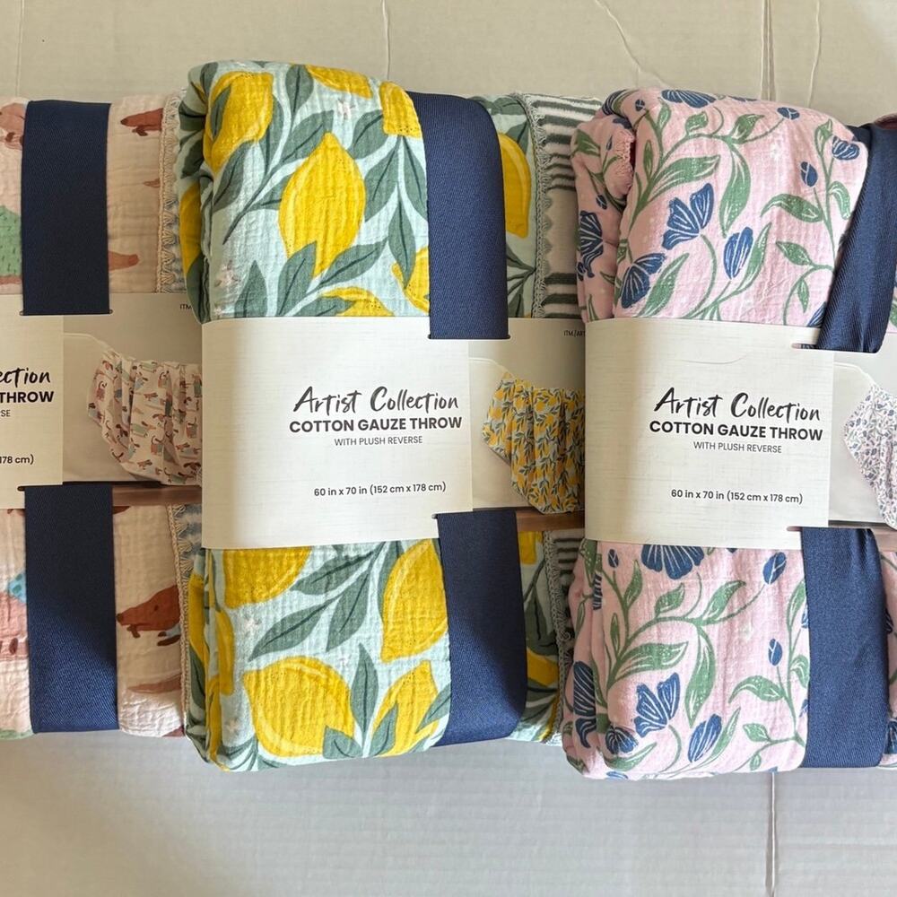 3 Artist Collection Cotton Gauze Throw with Plush Reverse
